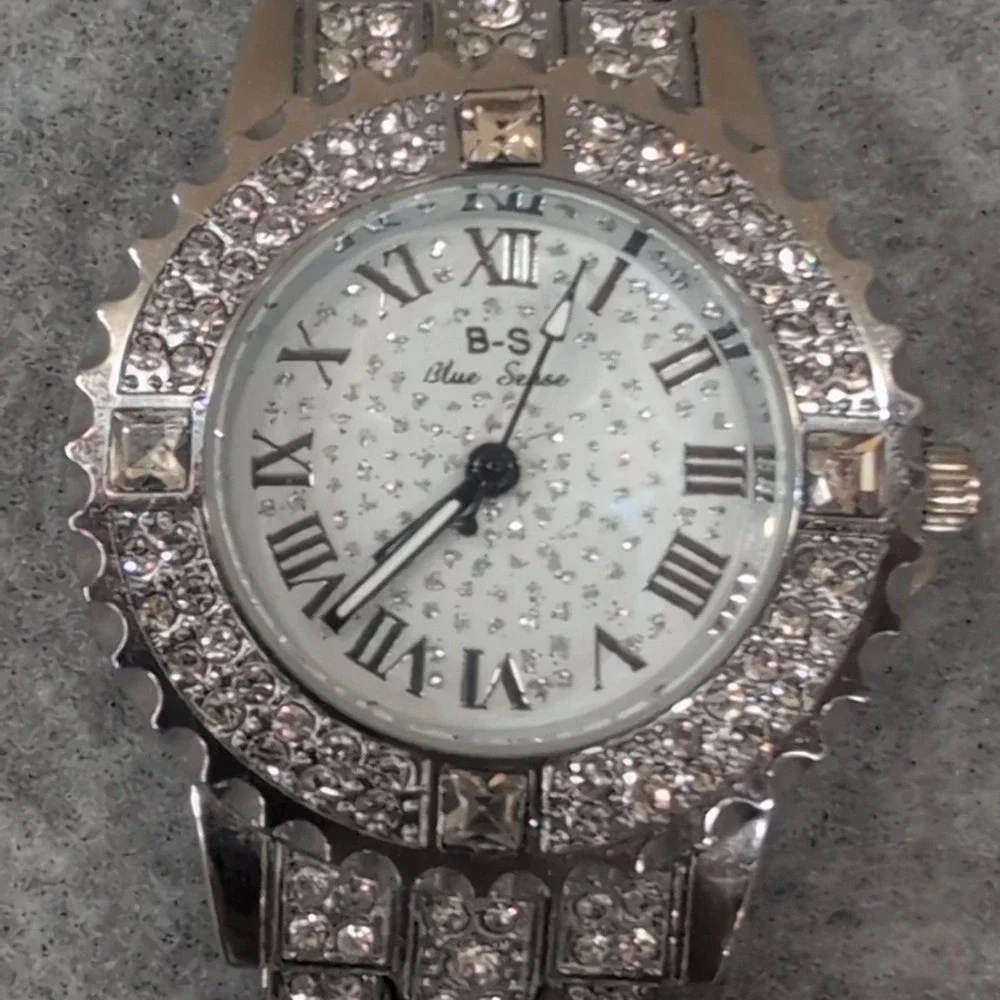 Women's Blue Sense Rhinestone Watch Roman Numerals Silver Tone Band Crystal‎